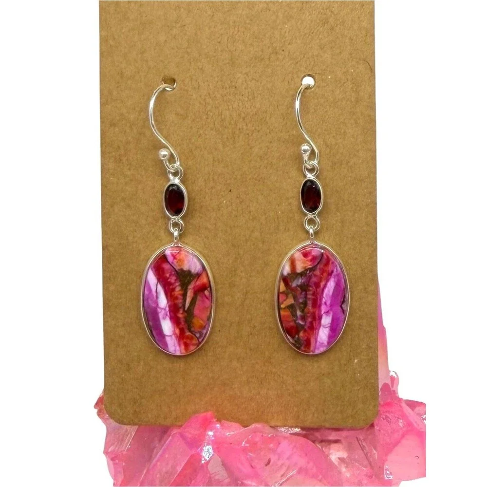Kingman Pink Dahlia Turquoise Garnet Earrings Solid 925 Sterling Silver